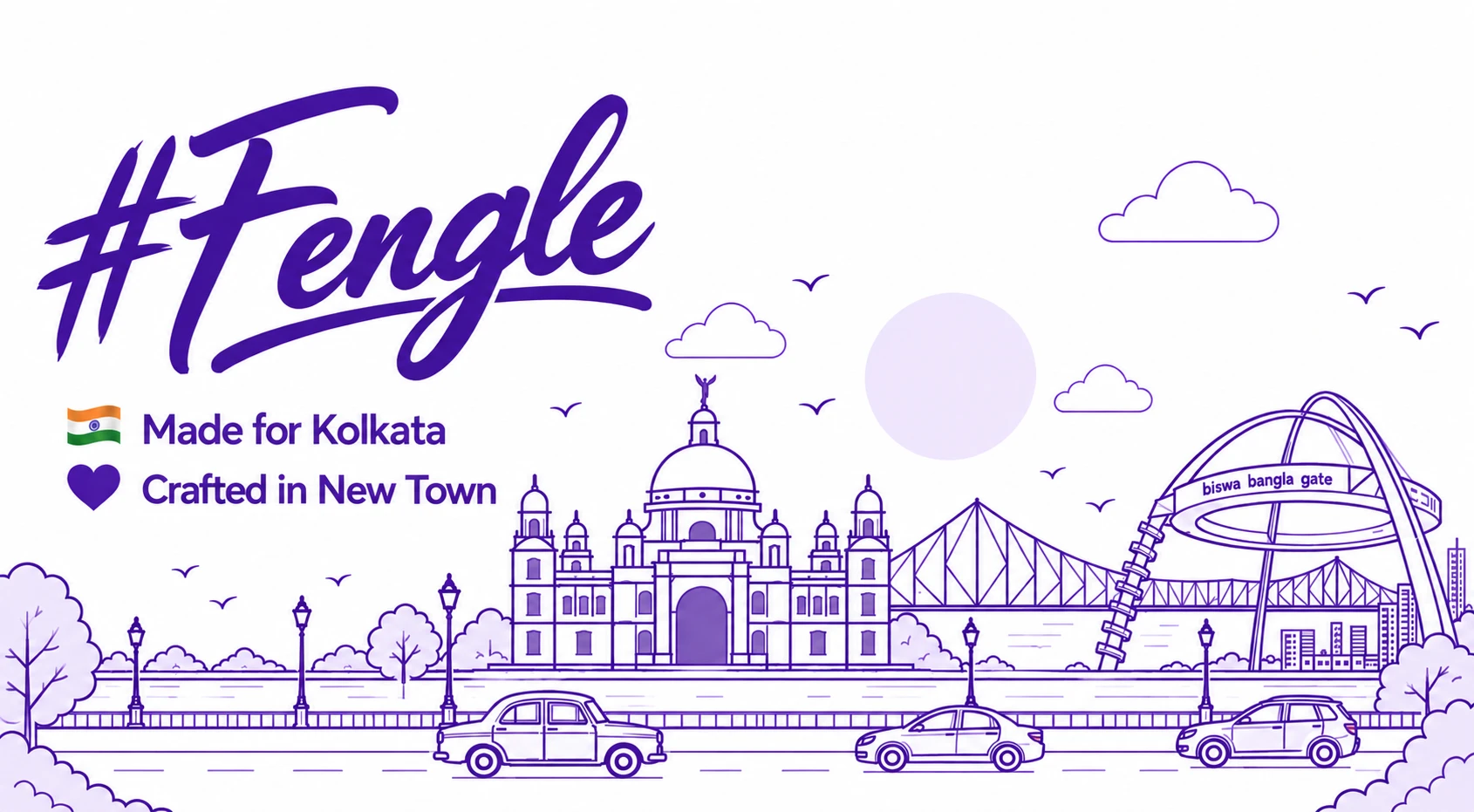 #Fengle — Made for Kolkata, crafted in New Town. Illustration of Victoria Memorial, Howrah Bridge and Biswa Bangla Gate.